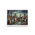 'Faces of the Harbor' by Meron. A surreal oil painting of an anthropomorphic harbor city with face-shaped buildings, glowing street lamps, and cryptic symbols under a starry night sky, ideal for a library or living room. A Dau-al-Set wall art print.