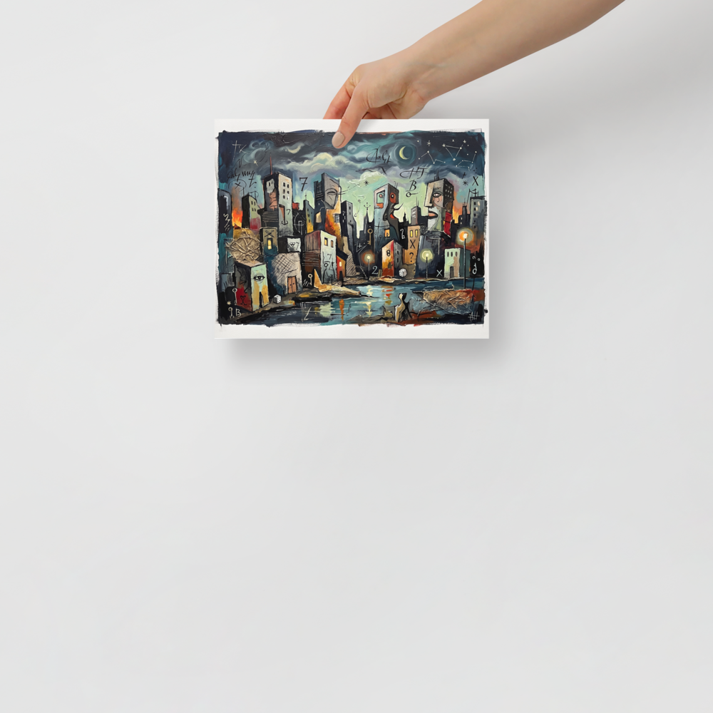 A surreal oil painting of an anthropomorphic harbor city with face-shaped buildings, glowing street lamps, and cryptic symbols under a starry night sky, ideal for a library or living room. Shown here as the Dau-al-Set print 'Faces of the Harbor'.