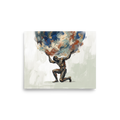 'The Weight of the World'. An expressive painting of the mythological titan Atlas kneeling as he holds up a massive, swirling globe of blue and gold, perfect for a study or gym. Offered as a Expressionism print.