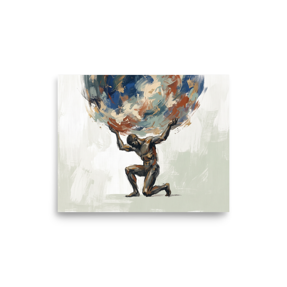 'The Weight of the World'. An expressive painting of the mythological titan Atlas kneeling as he holds up a massive, swirling globe of blue and gold, perfect for a study or gym. Offered as a Expressionism print.
