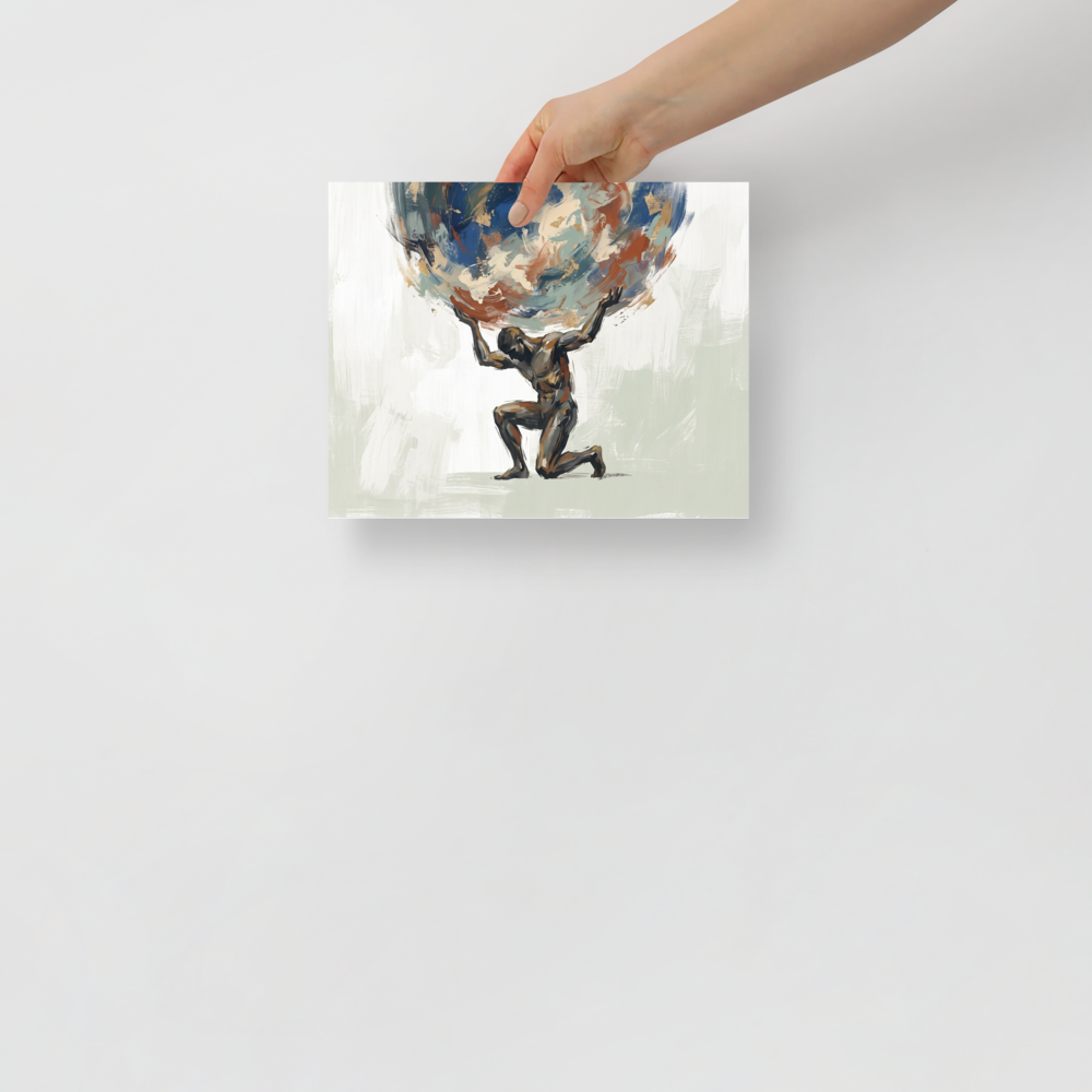 Expressionism wall art for the office, 'The Weight of the World'. An expressive painting of the mythological titan Atlas kneeling as he holds up a massive, swirling globe of blue and gold, perfect for a study or gym.