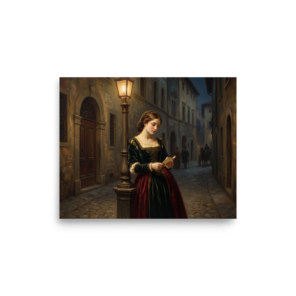 An oil painting of a young Renaissance woman in a green gown reading a letter under a glowing street lamp on a cobblestone street at dusk, fitting for a bedroom or living room. A Renaissance print in dark green and red, 'Letters by Lamplight'.