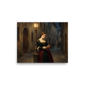An oil painting of a young Renaissance woman in a green gown reading a letter under a glowing street lamp on a cobblestone street at dusk, fitting for a bedroom or living room. A Renaissance print in dark green and red, 'Letters by Lamplight'.