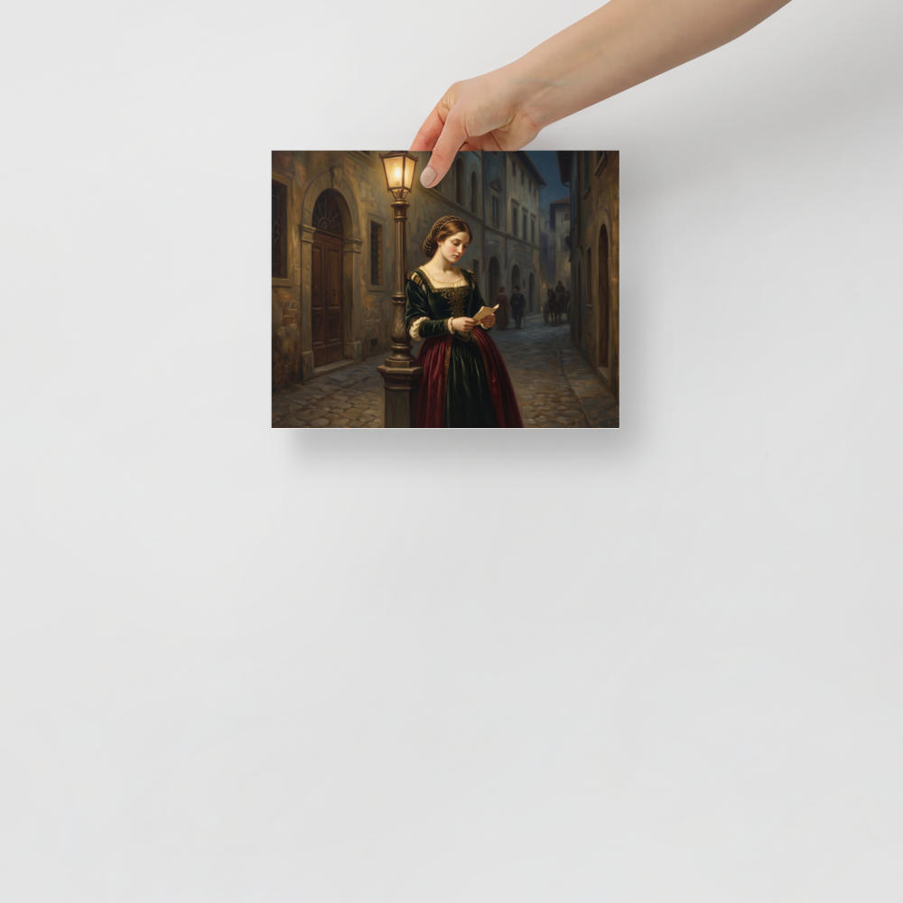 An oil painting of a young Renaissance woman in a green gown reading a letter under a glowing street lamp on a cobblestone street at dusk, fitting for a bedroom or living room. A Renaissance print in dark green and red, 'Letters by Lamplight'.