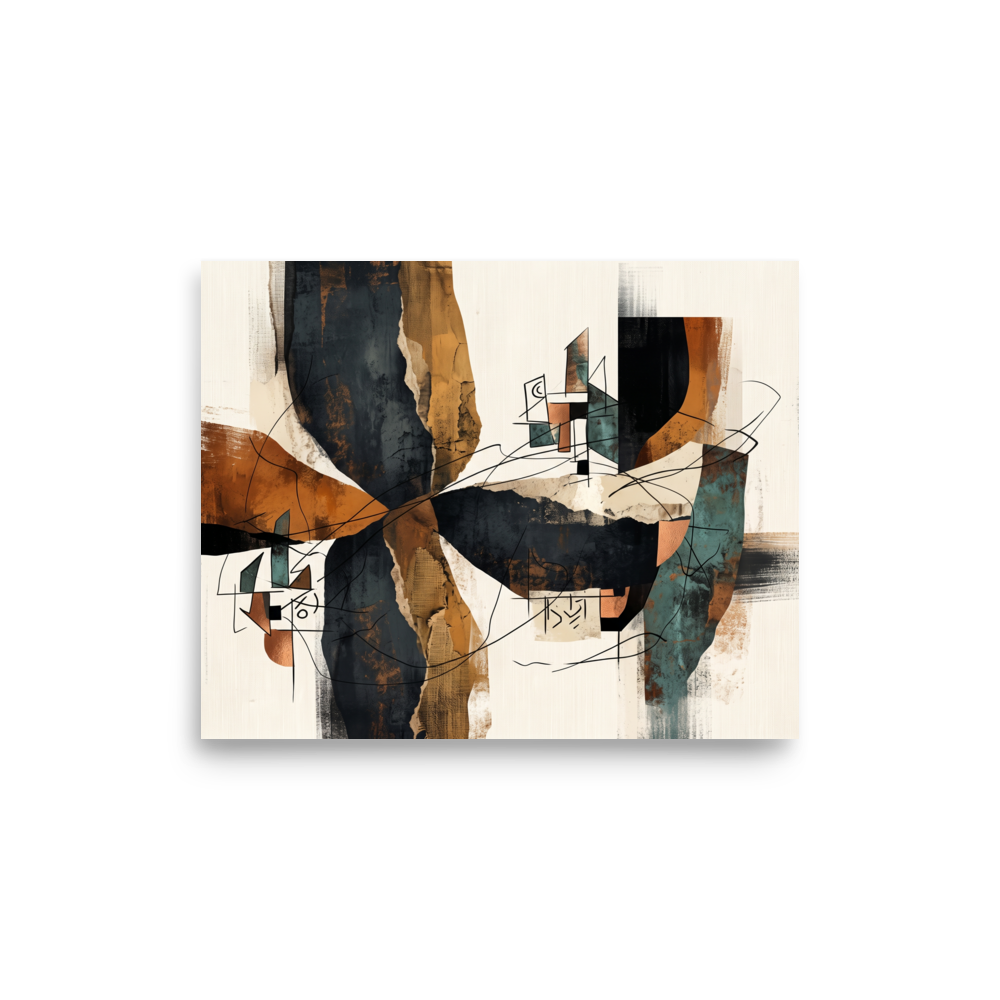 Abstract expressionism wall art for the living room, 'Architectural Fragments in Ochre'. An abstract layered composition of charcoal, ochre, and teal swatches overlaid with fine architectural sketches, perfect for a modern office or living room.