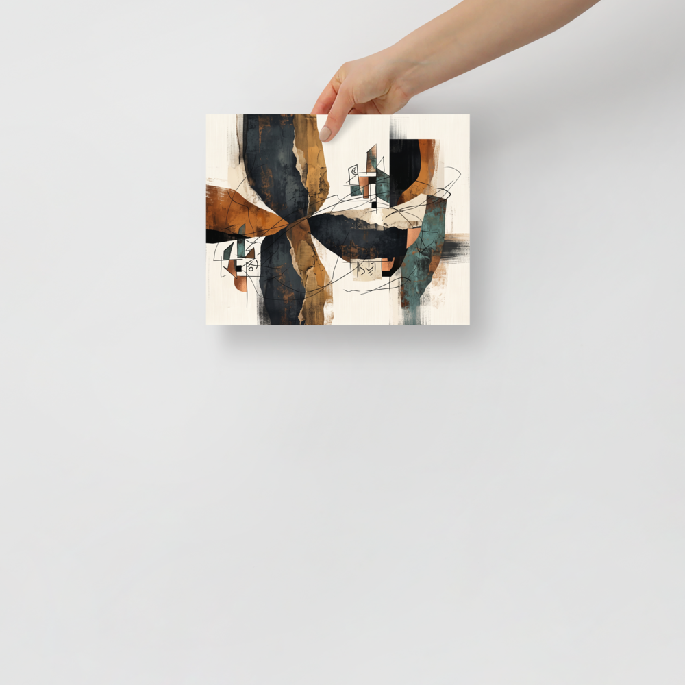 'Architectural Fragments in Ochre'. An abstract layered composition of charcoal, ochre, and teal swatches overlaid with fine architectural sketches, perfect for a modern office or living room. Offered as a Abstract expressionism print.