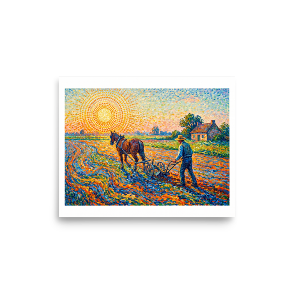 A Pointillist rural scene depicting a farmer plowing a sunlit field with a horse, styled for a Living Room. Available as the Pointillism art print 'The Radiant Field'.