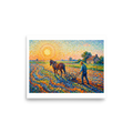 A Pointillist rural scene depicting a farmer plowing a sunlit field with a horse, styled for a Living Room. Available as the Pointillism art print 'The Radiant Field'.