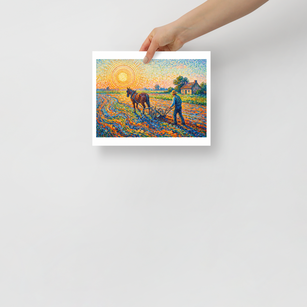 A wonder / awe Pointillism print, 'The Radiant Field'. A Pointillist rural scene depicting a farmer plowing a sunlit field with a horse, styled for a Living Room.