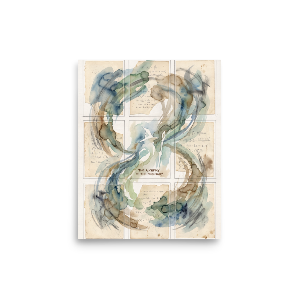 Lyco art wall art, 'The Alchemy of the Ordinary'. Nine panels of aged paper covered in scientific equations, unified by swirling green and blue watercolor washes and the phrase The Alchemy of the Ordinary, ideal for office wall decor.
