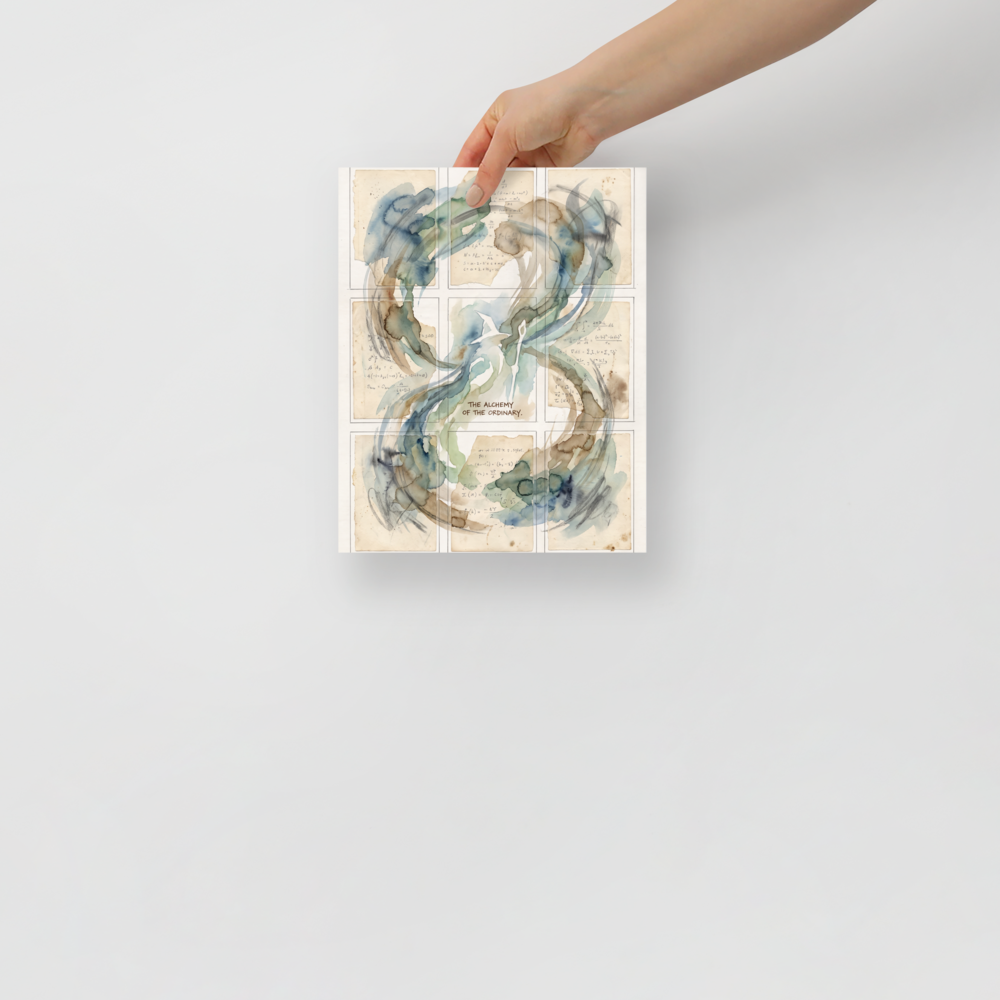Lyco art wall art, 'The Alchemy of the Ordinary'. Nine panels of aged paper covered in scientific equations, unified by swirling green and blue watercolor washes and the phrase The Alchemy of the Ordinary, ideal for office wall decor.