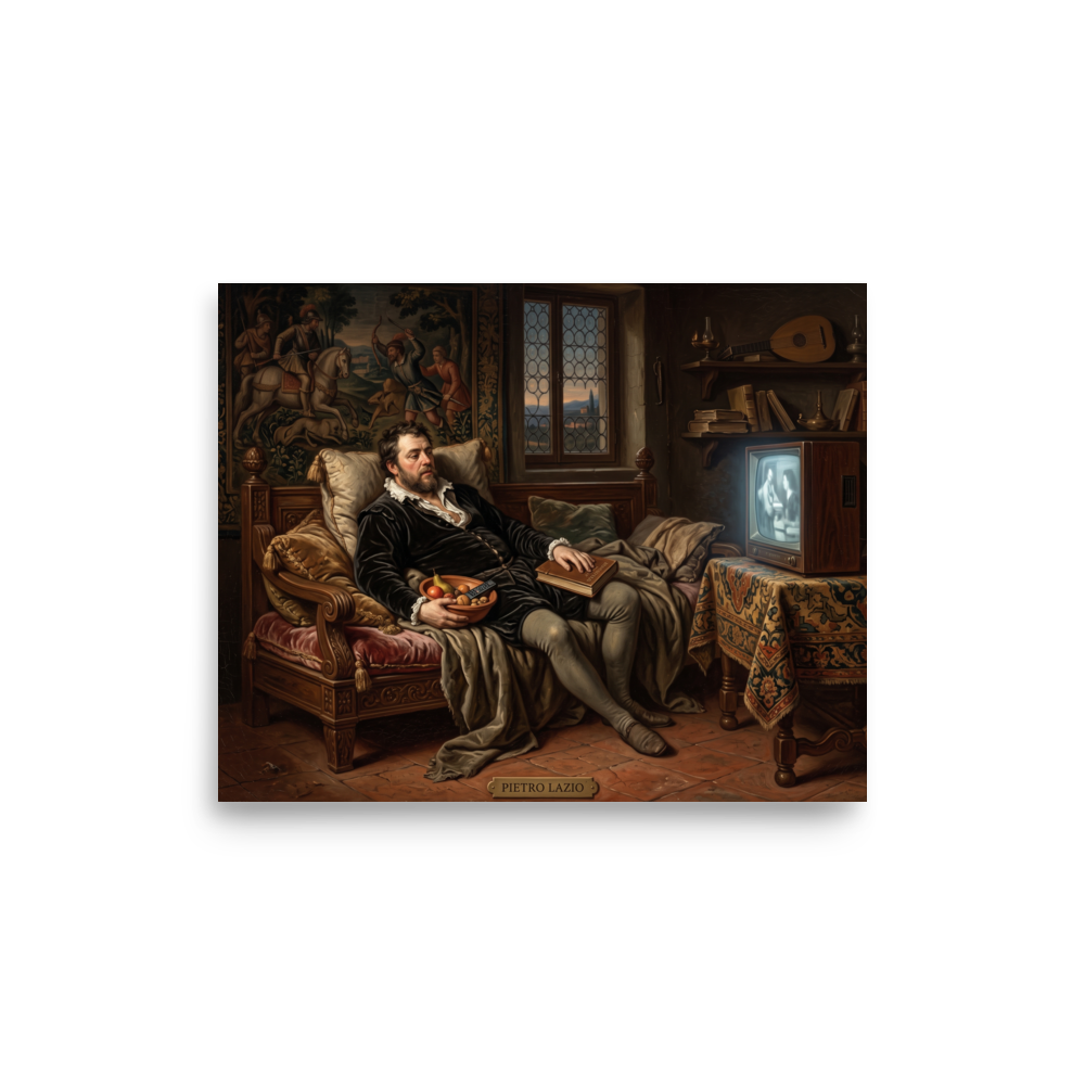 Renaissance wall art for the living room, 'The Renaissance Couch Potato'. An oil painting of a Renaissance gentleman reclining on a daybed with a bowl of fruit and remote control watching a vintage television, perfect for a living room or man cave.