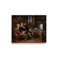 Renaissance wall art for the living room, 'The Renaissance Couch Potato'. An oil painting of a Renaissance gentleman reclining on a daybed with a bowl of fruit and remote control watching a vintage television, perfect for a living room or man cave.