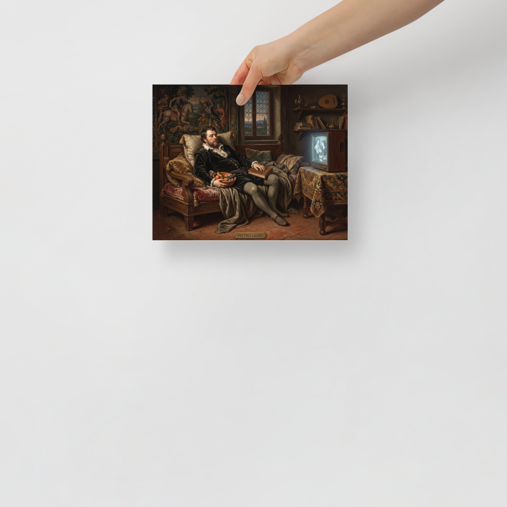 Wall art print 'The Renaissance Couch Potato' in a Renaissance style. An oil painting of a Renaissance gentleman reclining on a daybed with a bowl of fruit and remote control watching a vintage television, perfect for a living room or man cave.