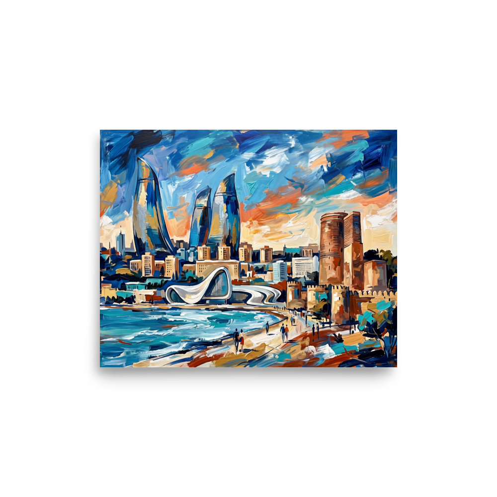 'City of Flames'. Vibrant expressionist painting of futuristic flame towers and historic stone fortress by the sea, ideal for a living room wall. Offered as a Expressionism print.