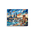 'City of Flames'. Vibrant expressionist painting of futuristic flame towers and historic stone fortress by the sea, ideal for a living room wall. Offered as a Expressionism print.