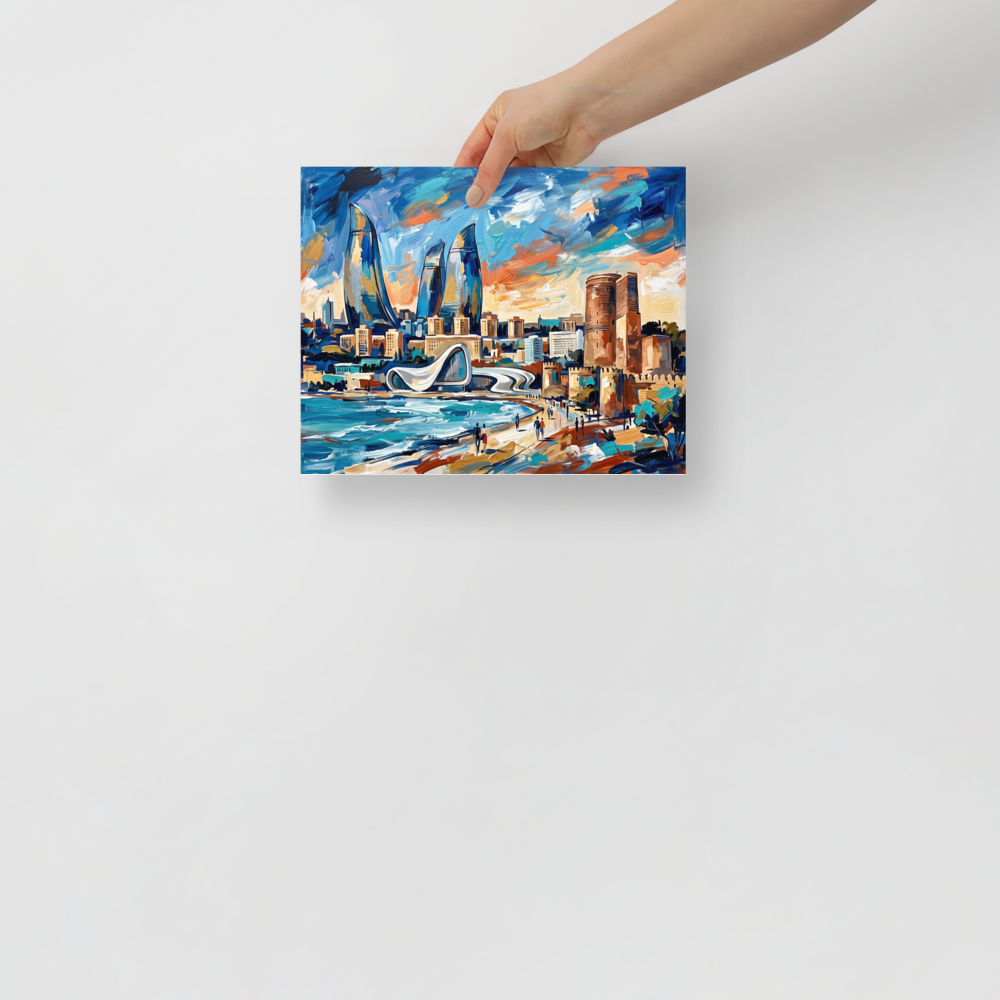 A lively / vibrant Expressionism print, 'City of Flames'. Vibrant expressionist painting of futuristic flame towers and historic stone fortress by the sea, ideal for a living room wall.