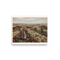 Wall art print 'Strawberry Harvest in Rolling Hills' in a Les Nabis style. Women harvesting red strawberries in rolling green hills, perfect for a cozy Living Room setting.
