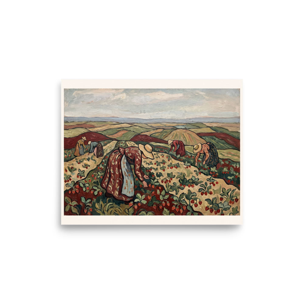 Wall art print 'Strawberry Harvest in Rolling Hills' in a Les Nabis style. Women harvesting red strawberries in rolling green hills, perfect for a cozy Living Room setting.