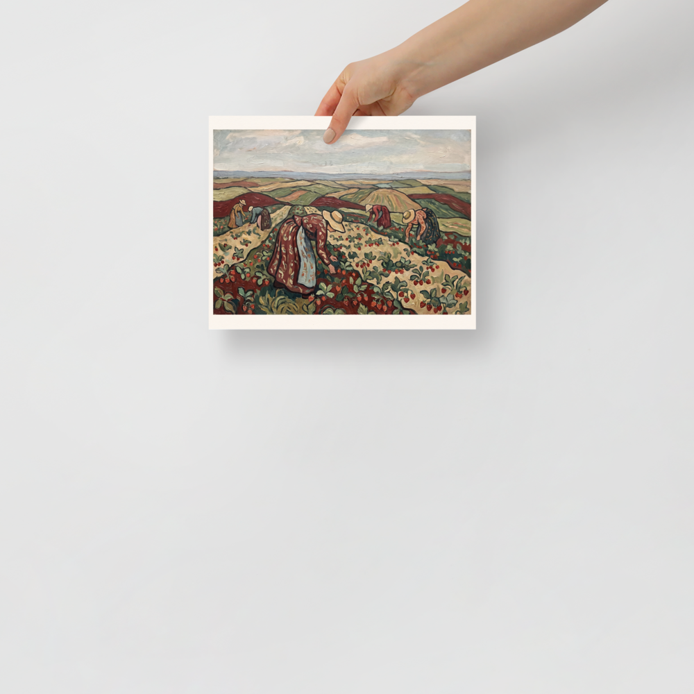 'Strawberry Harvest in Rolling Hills'. Women harvesting red strawberries in rolling green hills, perfect for a cozy Living Room setting. Offered as a Les Nabis print.