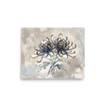 An impressionist painting of two blooming chrysanthemums with swirling dark blue and gold petals against a textured grey background, perfect for a calming bedroom. A Impressionism print in dark blue and gold, 'Midnight Chrysanthemums'.