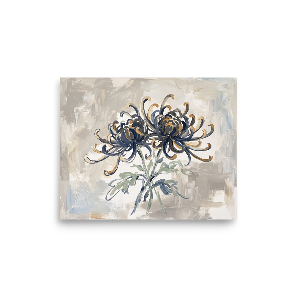 An impressionist painting of two blooming chrysanthemums with swirling dark blue and gold petals against a textured grey background, perfect for a calming bedroom. A Impressionism print in dark blue and gold, 'Midnight Chrysanthemums'.