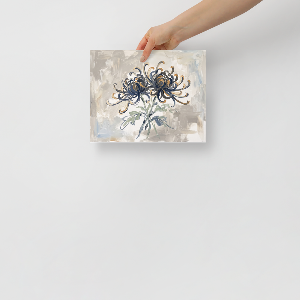 An impressionist painting of two blooming chrysanthemums with swirling dark blue and gold petals against a textured grey background, perfect for a calming bedroom. Shown here as the Impressionism print 'Midnight Chrysanthemums'.