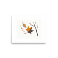 'The Final Leaf' by Meron. A minimalist watercolor painting of an orange leaf falling from a bare branch against a white background, perfect for a calming Bedroom or Office. A Minimalism wall art print.