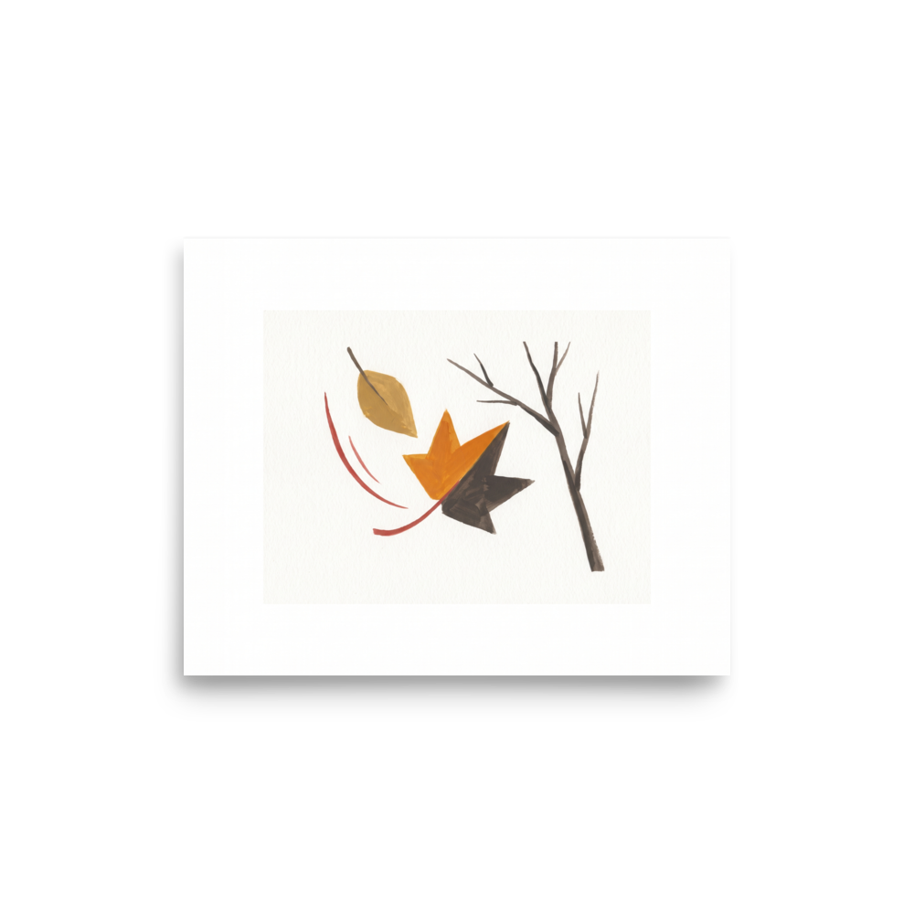 'The Final Leaf' by Meron. A minimalist watercolor painting of an orange leaf falling from a bare branch against a white background, perfect for a calming Bedroom or Office. A Minimalism wall art print.