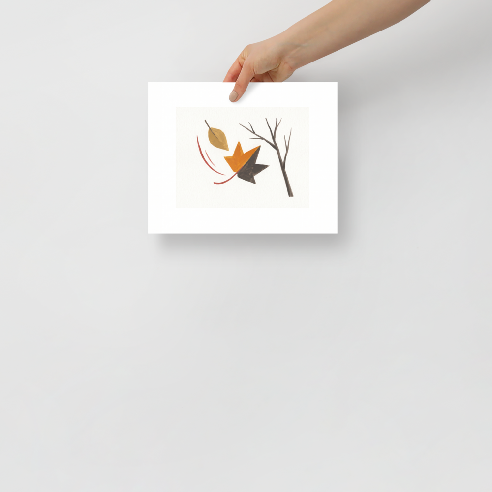A calmness Minimalism print, 'The Final Leaf'. A minimalist watercolor painting of an orange leaf falling from a bare branch against a white background, perfect for a calming Bedroom or Office.