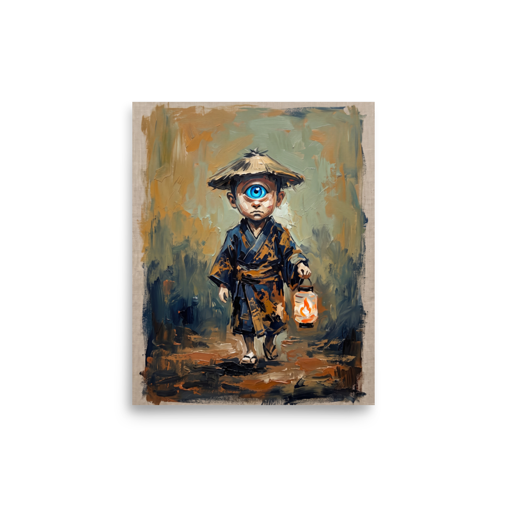 A wonder / awe Japanese art print, 'The Lantern Bearer'. An oil painting of a one-eyed Japanese child spirit with a lantern in an entryway wall art setting.