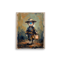 A wonder / awe Japanese art print, 'The Lantern Bearer'. An oil painting of a one-eyed Japanese child spirit with a lantern in an entryway wall art setting.