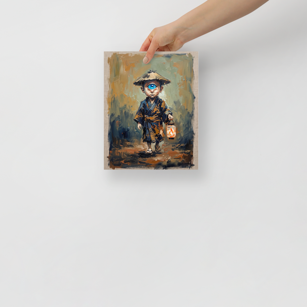 A wonder / awe Japanese art print, 'The Lantern Bearer'. An oil painting of a one-eyed Japanese child spirit with a lantern in an entryway wall art setting.