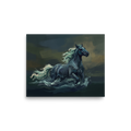 Wall art print 'Kelpie of the Dark Loch' in a Symbolism style. A moody painting of a dark kelpie water horse galloping through sea foam in a bedroom.
