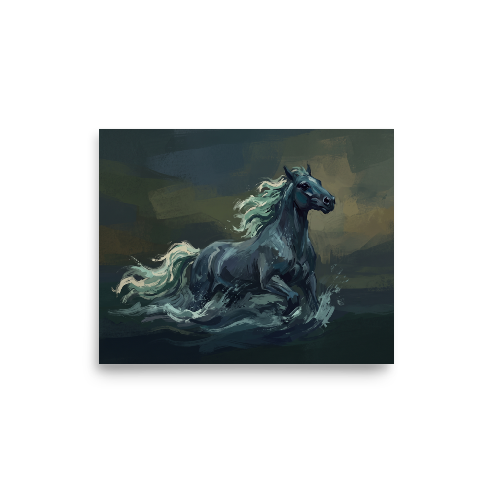 Wall art print 'Kelpie of the Dark Loch' in a Symbolism style. A moody painting of a dark kelpie water horse galloping through sea foam in a bedroom.