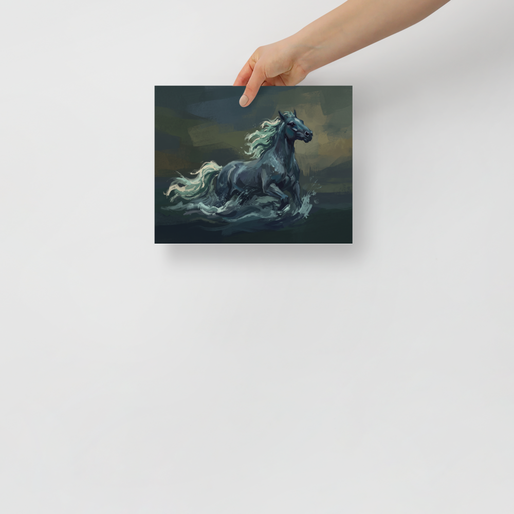 A brooding scene in dark slate gray and teal, 'Kelpie of the Dark Loch'. A moody painting of a dark kelpie water horse galloping through sea foam in a bedroom.