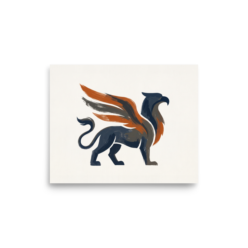 The Modernism print 'Guardian Griffin'. Minimalist modern painting of a majestic griffin with navy blue body and rust orange wings, ideal wall art for an office.