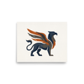 The Modernism print 'Guardian Griffin'. Minimalist modern painting of a majestic griffin with navy blue body and rust orange wings, ideal wall art for an office.