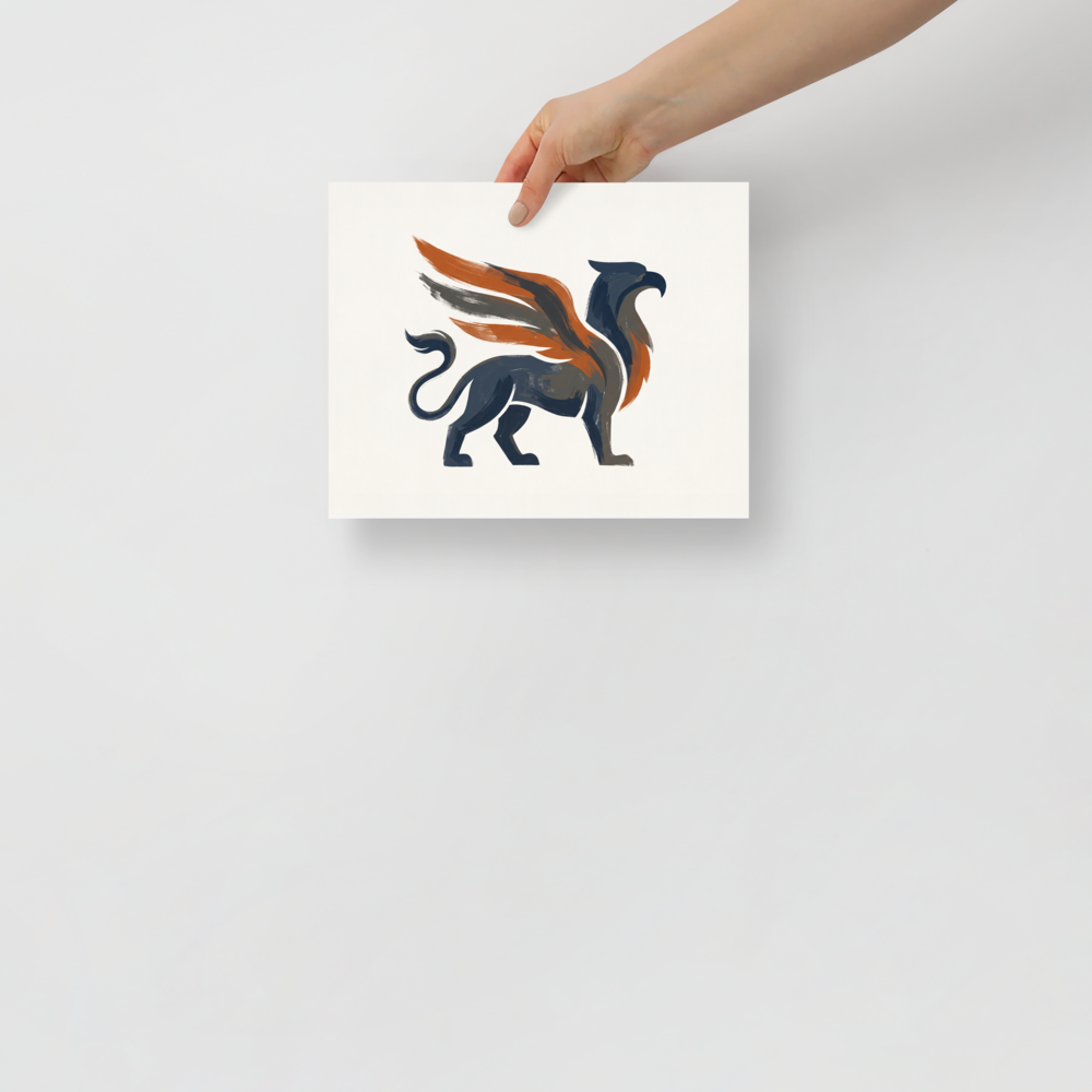 'Guardian Griffin', part of Meron's Modernism wall art. Minimalist modern painting of a majestic griffin with navy blue body and rust orange wings, ideal wall art for an office.