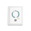 'Circle of Stillness' by Meron. A minimalist Zen Enso circle in slate blue accompanied by Japanese calligraphy and a golden crest on white, ideal for serene bedroom wall art. A Shin hanga wall art print.