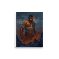 'The Fire Giant'. An expressionist painting of a massive, muscular giant with glowing orange eyes emerging from a dark blue rocky landscape, perfect for a striking man cave or den. Offered as a Expressionism print.
