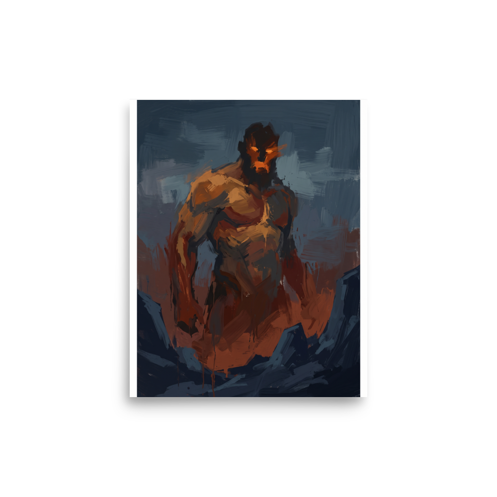 'The Fire Giant'. An expressionist painting of a massive, muscular giant with glowing orange eyes emerging from a dark blue rocky landscape, perfect for a striking man cave or den. Offered as a Expressionism print.