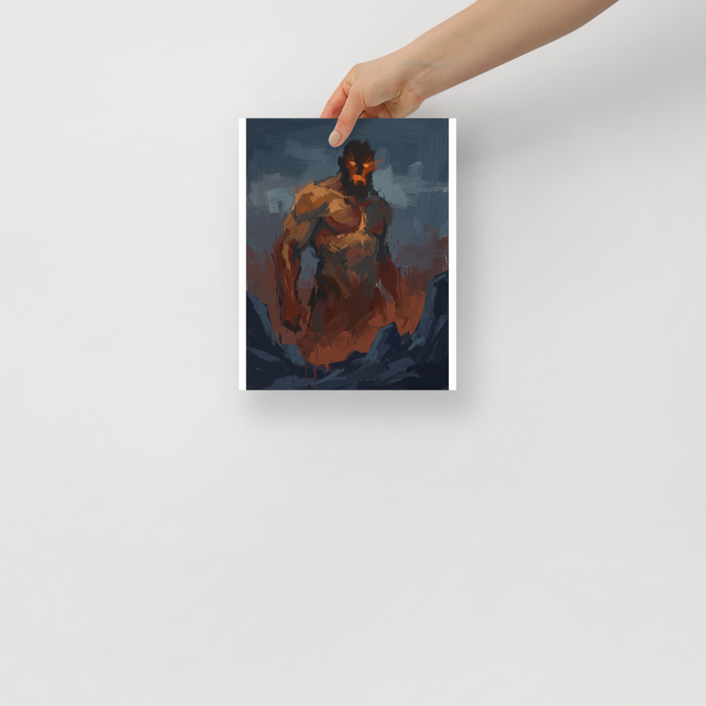 An expressionist painting of a massive, muscular giant with glowing orange eyes emerging from a dark blue rocky landscape, perfect for a striking man cave or den. A Expressionism art print titled 'The Fire Giant'.