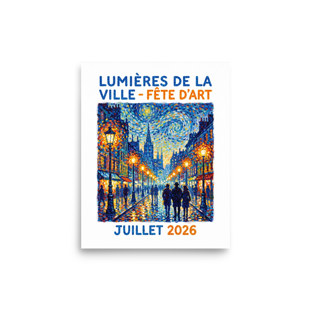 A Pointillist exhibition poster featuring glowing city streetlamps under a starry swirl sky in a Living Room. A Pointillism art print titled 'City Lights Art Festival Poster'.