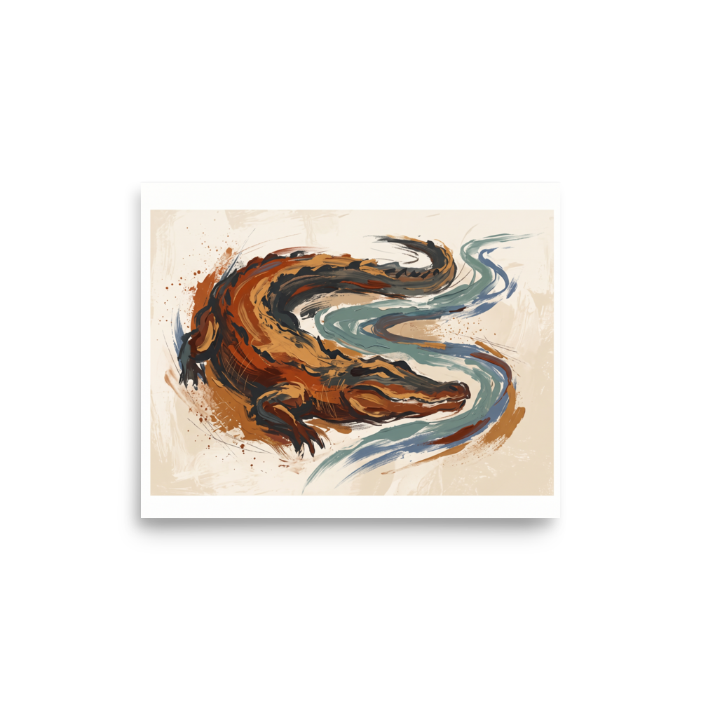 'The Primal Current', Expressionism wall art in orange and brown. An expressive painting of an alligator in earthy browns and oranges, surrounded by a winding blue river, perfect for an eclectic Living Room.