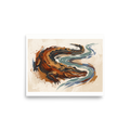 'The Primal Current', Expressionism wall art in orange and brown. An expressive painting of an alligator in earthy browns and oranges, surrounded by a winding blue river, perfect for an eclectic Living Room.