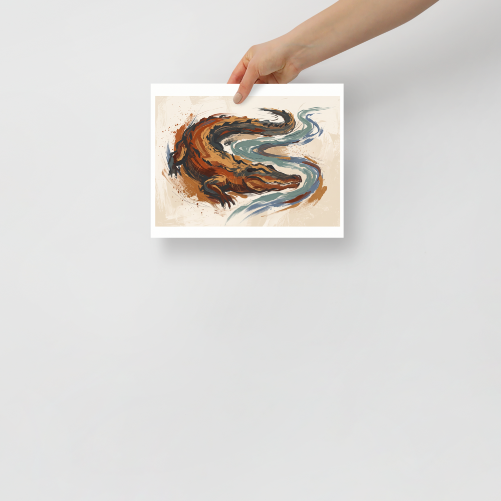 An expressive painting of an alligator in earthy browns and oranges, surrounded by a winding blue river, perfect for an eclectic Living Room. A lively / vibrant piece titled 'The Primal Current'.