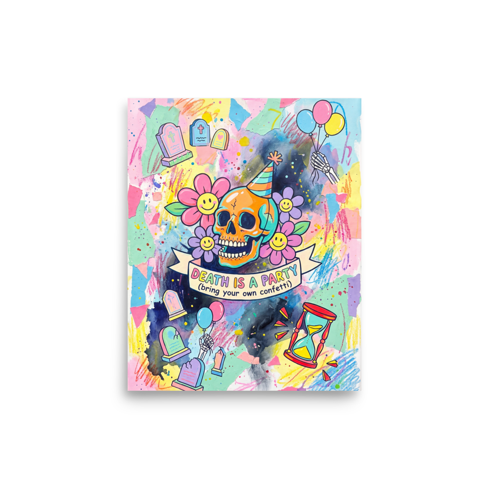 Wall art print 'Death is a Party' in a Transgressive art style. A colorful pastel painting featuring a grinning skull in a party hat surrounded by flowers and the text Death is a Party, making a bold conversation piece for a game room or living room.