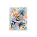 Wall art print 'Death is a Party' in a Transgressive art style. A colorful pastel painting featuring a grinning skull in a party hat surrounded by flowers and the text Death is a Party, making a bold conversation piece for a game room or living room.