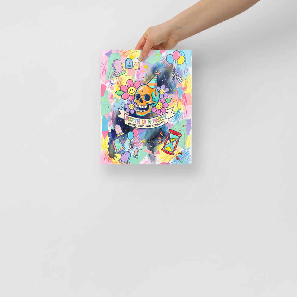 'Death is a Party' by Meron. A colorful pastel painting featuring a grinning skull in a party hat surrounded by flowers and the text Death is a Party, making a bold conversation piece for a game room or living room. A Transgressive art wall art print.